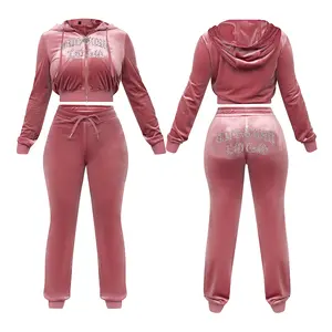 Custom Rhinestone LOGO Summer Outfit Crop Top Full Zip Up Velvet Women Tracksuit Jogger Pants 2 2 Piece Women's Sets