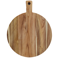 Planche à découper et plateau à pizza ronds en bois d'acacia de 44 cm, nouveau style, personnalisables, avec poignée droite et trou de suspension, vente en gros