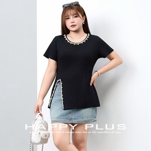 Camiseta de punto con abertura frontal y adornos de perlas para mujer, color negro, informal, de color sólido, manga corta, para uso diario. - Product Image 5