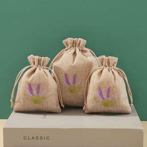 Venta al por Mayor de Bolsas de Tela Reutilizables Ecológicas USM, Bordadas con Flores Secas de Lavanda, de Lino y Yute, con Cordón y Logotipo Personalizado - Product Image 1