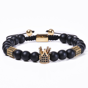 2021 New 8 mm <strong>Black</strong> Frosted Stone <strong>Beaded</strong> Gold Plated CZ Crown Charm Bracelet Adjustable White and <strong>Black</strong> Zircon Couples Bracelets - Product Image 3