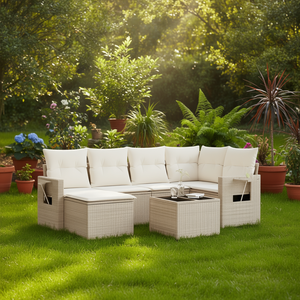 Ensemble de canapés de jardin beige en rotin PE, mobilier d'extérieur résistant à l'eau, design contemporain, coussins en mousse haute densité - Product Image 2