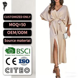 Vestido de Satén Personalizado para Mujer, Elegante con Mangas Abullonadas y Abertura Lateral, Vestido de Verano - Product Image 1