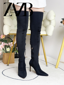 Bottes hautes <span class=keywords><strong>en</strong></span> cuir pour femmes, à bout pointu, noires, pour l'hiver et l'automne, bottes longues jusqu'à la cuisse, chaussures de pole dance pour femmes - Product Image 6