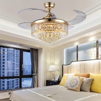 Ventilateur de plafond LED en cristal doré en acier inoxydable de luxe, design moderne de haute qualité, télécommande, intensité réglable pour chambre et salon