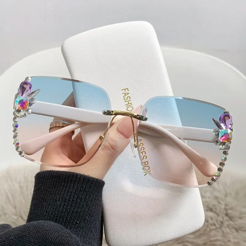 HY Rimless cut diamond-encrusted sunglasses for women Fashion large frame shade UV batch