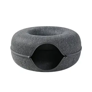 Lit en feutre rond lavable et réutilisable en laine pour chat, couchage à quatre saisons, nid pour animaux de compagnie, litière en feutre gris