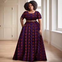 Gaun Wanita Afrika Ankara Batik Lengan Pendek Aksesori Sabuk Bermotif Emas 2425127