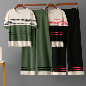 2026 Summer Women's <b>Knitted</b> Casual <b>Short</b> <b>Sleeve</b> <b>Top</b> Loose Pants Two Piece Set Color-Blocking <b>Knitting</b> Tracksuits for Women - Product Image 2