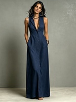 Robe d'été décontractée mi-longue pour femmes, sans manches, col rabattu, couleur unie, coupe ample, tenue de plage bohème à la mode