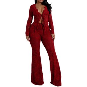 Ensemble deux pièces sexy en dentelle pour femme 2026, col en V, manches longues, pantalon évasé, tenue de club moulante, design translucide à découpes - Product Image 1