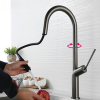 Robinet de cuisine extractible en laiton avec douchette flexible et cartouche céramique, finition gris brossé doré, style luxe léger