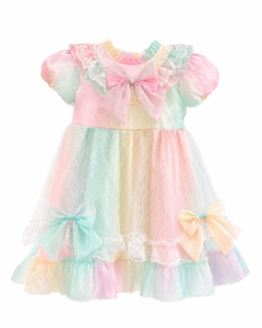 Elegante Vestido de Princesa para Niñas en Colores Pastel Arcoíris con Mangas Abullonadas, Adornos de Encaje y Lazos Decorativos para Fiestas de Cumpleaños - Product Image 3