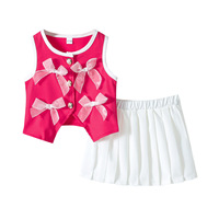 Ensemble d'été 2026 pour filles, gilet sans manches avec nœud en ruban et jupe plissée blanche, style preppy pour tout-petits, vêtements de mode en gros