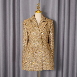 Traje Formal Elegante de Doble Botonadura Dorado para Mujer, de Longitud Media, con Botones de Perla, a la Moda - Product Image 3