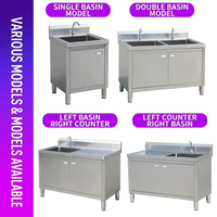 Évier de cuisine professionnel en acier inoxydable avec armoire de rangement, évier simple ou double, évier de restaurant avec plan de travail