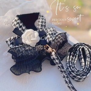 C046 Conjunto de Arnés y Correa para Mascotas de Poliéster, Falda Clásica con Diseño de Pata de Gallo, Lazo Elegante con Flores de Encaje para Perros Pequeños y Medianos - Product Image 4