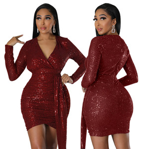 Femmes Deep V Party Sequin Gaine Mini Robe À Manches Longues Couleur Pure Invité De <span class=keywords><strong>Mariage</strong></span> Sexy Jupes Élégant Gland Mince Club Robe - Product Image 5