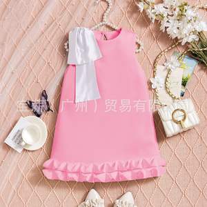 Robe Fille Été Couleur Unie Col Ras du Cou Sans Manches <span class=keywords><strong>Style</strong></span> <span class=keywords><strong>Anglais</strong></span> avec Nœud en Tissu Tricoté Vêtements Enfants ODM - Product Image 5