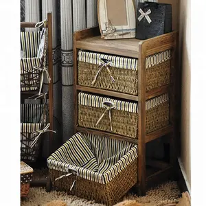 Armario de madera campestre con cesta de almacenamiento para muebles de sala de estar, venta al por mayor de fábrica