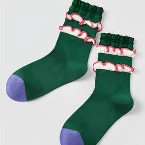 Nouvelles chaussettes pour femmes <span class=keywords><strong>vert</strong></span> émeraude à double volant, bordure rose, bout contrastant violet, chaussettes vintage extensibles et anti-humidité - Product Image 6