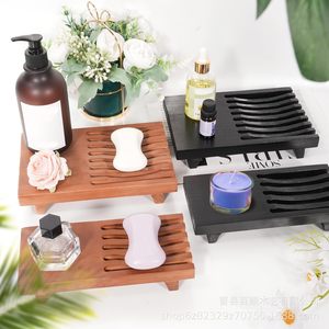 Wooden Soap <b>Dish</b> Rectangular Self Drain Minimalist Bathroom Storage <b>Rack</b> Brown Black - Product Image 4