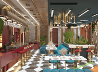 Design d'intérieur de luxe pour hôtel, salon, restaurant, bar moderne, concept de restaurant, ensemble de meubles personnalisés pour café-restaurant
