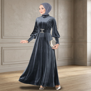Elegant Satin Floor Length Anti-Wrinkle Handmade Dubai <b>Abaya</b> <b>Dress</b> High Neck Long Sleeve Flared Hem Beaded Belt Women's Party - Product Image 3