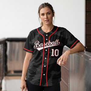 Ensemble de maillots de baseball unisexe noir et rouge à imprimé géométrique, anti-humidité, boutonné sur le devant, manches courtes, vêtements de sport pour adultes, 100 % polyester - Product Image 3