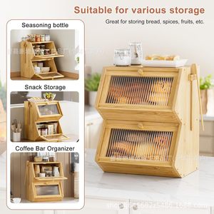 Boîte de rangement pour pain en bois à double couche, organisateur de cuisine coulissant pour boulangerie - Product Image 4