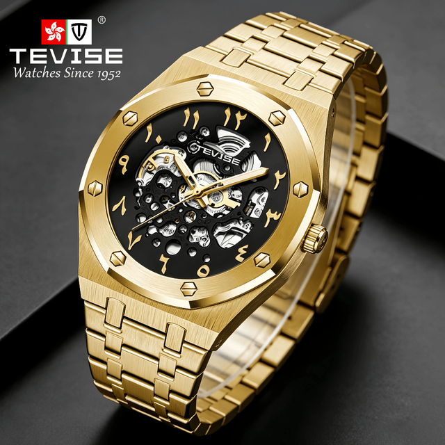 (MOQ 50) TEVISE Custom Men's Arabic Dial Watch for Men Luxury Stainless Steel Strap Waterproof Automatic Mechanical Watches