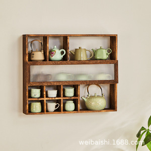 Solid Wood Chinese Style <b>Wall</b> <b>Mounted</b> Display <b>Shelf</b> Multi Compartment Teapot Tea Set Storage Rack For Tea Room - Product Image 3