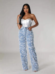 Ins Style Fashion <strong>Denim</strong> <strong>Pants</strong> for Women Hollow Out Holes Tassels Loose Jeans Casual Trousers Women's Straight Jeans - Product Image 2