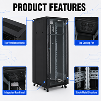Rak Server Jaringan 42U, Kabinet Lantai, 19 Inci, Baja Cold-Rolled, Pintu Kaca Tempered, Hitam, untuk Pusat Data IT