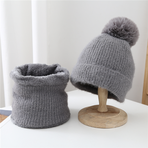 ชุดผ้าพันคอหมวกถักสำหรับผู้หญิ<span class=keywords><strong>ง</strong></span>,หมวกปอมปอมทำจากขนมิง<span class=keywords><strong>ค</strong></span>์เลียนแบบ<span class=keywords><strong>แบ</strong></span>บเรียบปี<span class=keywords><strong>2021</strong></span> - Product Image 5