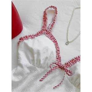 Women's Embroidered Camisole Top With Plaid Trim <b>Bow</b> Front Spaghetti Strap Peplum Design - Product Image 4
