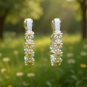 Orecchini a Cerchio E757 in Oro Bianco con Fiore e Cristalli Incastonati, Gioielli da Donna per Uso Quotidiano - Product Image 2