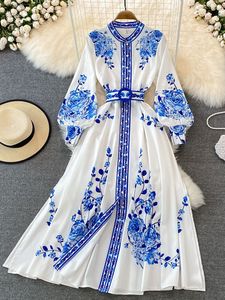 Robe maxi <span class=keywords><strong>bohème</strong></span> <span class=keywords><strong>chic</strong></span> pour femmes, imprimé floral, col montant, manches longues lanternes, fendue, ceinture, robe de soirée Vestido - Product Image 4