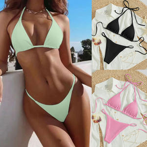 Bikini de Dos Piezas con Escote en V y Tirantes Triangulares, Traje de Baño Sólido de Tres Puntos con Tanga, Ecológico, de Spandex/Poliéster, Ideal para Aguas Termales - Product Image 2