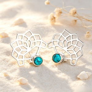 Orecchini Bohemian Lotus in turchese, gioielli per l'orecchio convertibili con doppia funzione: chiusura a lobo e clip - Product Image 1