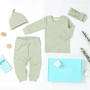 Custom Infant 4pcs Pajama Set With Knotted Hat Headband Cute Long Sleeve Baby Suit Gift Set Organic Cotton Ribbed Baby Layette