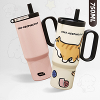 Tumbler Gagang Stainless Steel SUS316 750ml, Motif Anjing Kartun Lucu, Mug Sedotan Vakum Terisolasi, Cangkir Air Portabel untuk Perjalanan dan Mobil