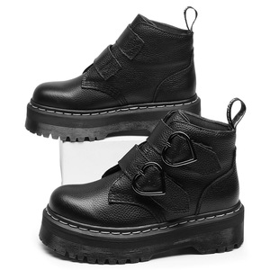 Woman Black Genuine Leather Ankle <b>Boots</b> Heart-Shaped Buckle <b>Platform</b> Chunky Heel Round Toe Anti-Slip Rubber Outsole All Seasons - Product Image 3