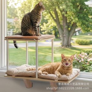 Meuble pour chat en bois massif à double niveau, pour baie vitrée, avec fonction de grimpette et table d'appoint pour le soleil - Product Image 2