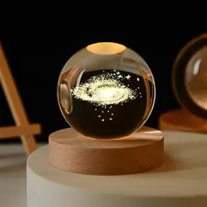 Solar System Planet Sphere Laser 3D Interior Carved Small Night Light Crystal Ball with Wood Base LED Light Night Lamp