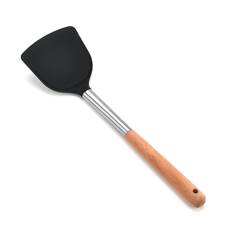 Sekop silikon anti lengket, Spatula panci sekop memasak dengan pegangan kayu panjang pembalik tahan panas peralatan dapur peralatan masak