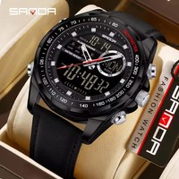 Montre à quartz pour homme SANDA 6318 originale, étanche, luxe, double affichage, bracelet en cuir véritable, montre sport tendance