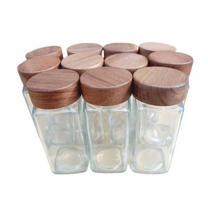 Frascos de vidrio de 4 oz para especias, recipientes para condimentos, saleros y pimenteros, botellas cuadradas vacías para especias con tapa de madera de acacia y etiquetas. - Product Image 4