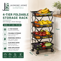 Chariot de rangement pliable moderne à 4 niveaux avec roulettes, en métal fin, pour l'organisation domestique, OEM ODM, vente en gros