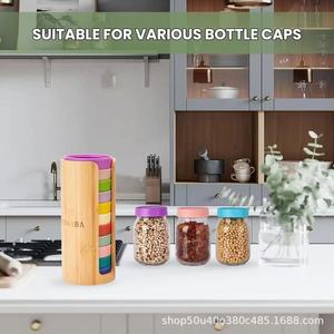 Qoomaba Wooden Lid Storage Box Round <b>Bamboo</b> Cup Organizer Desktop <b>Container</b> For Mason Jar Lids 10 Pcs Set - Product Image 4